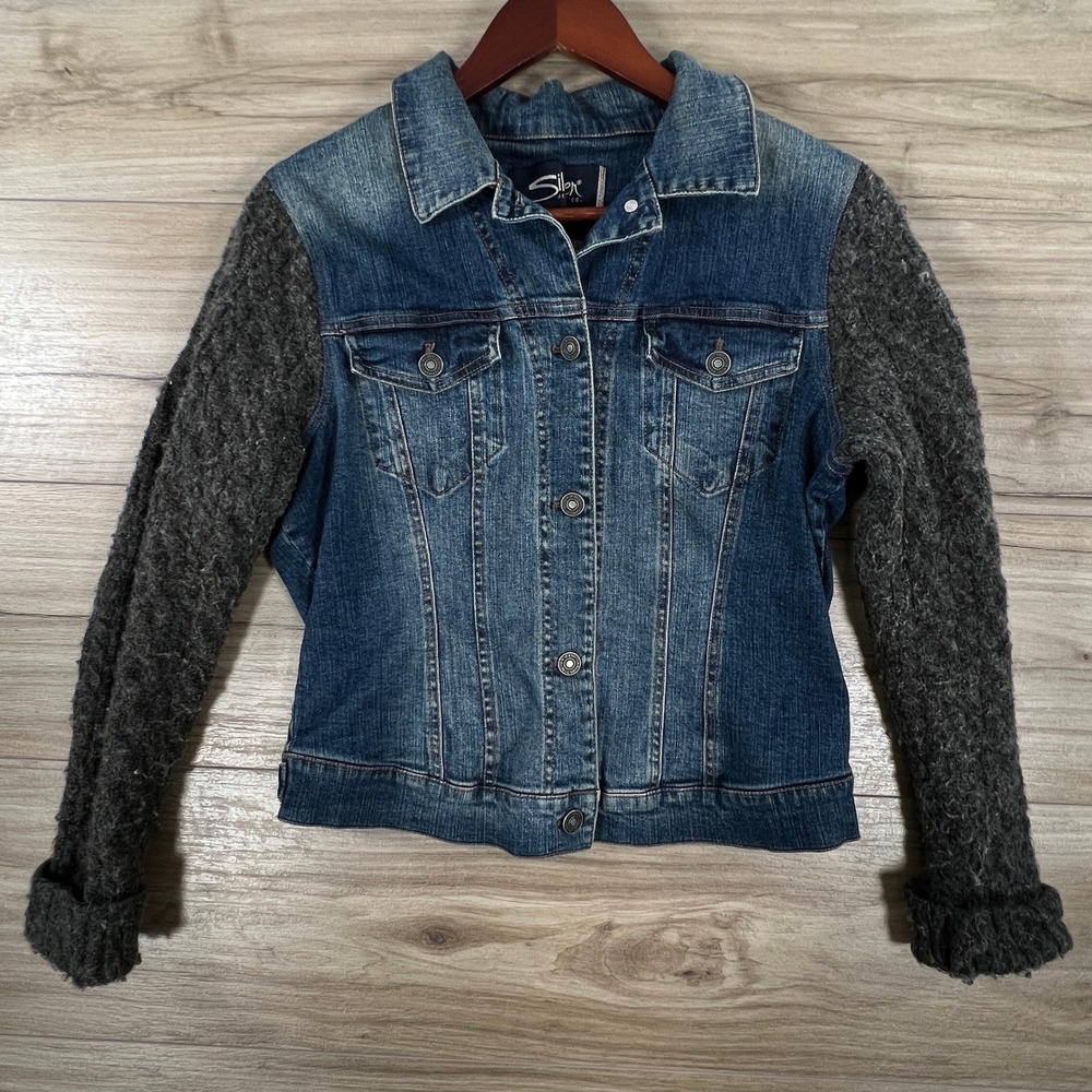 Silver Jeans Co Women Denim Jacket Knit Sweater Sleeves Medium Wash